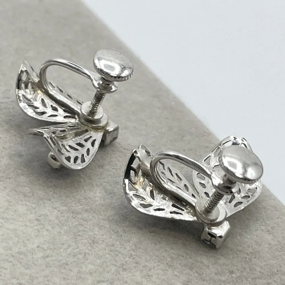Silver Tone Screw Back Earrings Blue Rhinestone Filigree Butterfly Shape Boho